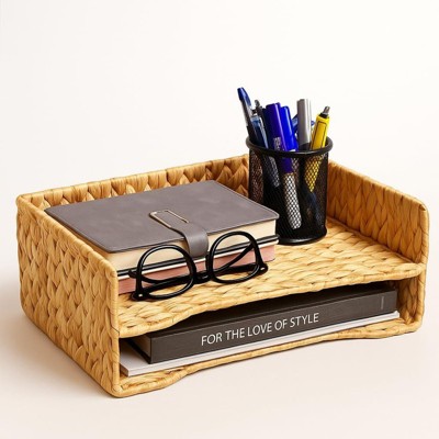 BRINJOY Double Layer Woven Letter Tray - Hand Woven Paper and Mail Organizer for A4 Files, Magazines, Desk File Basket, Home Office Supplies