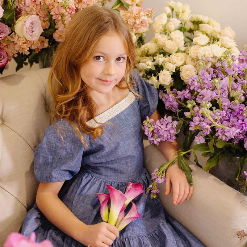 Hope & Henry Girls' Short Bubble Sleeve Crochet Trim Chambray Dress, Toddler, 3 of 11