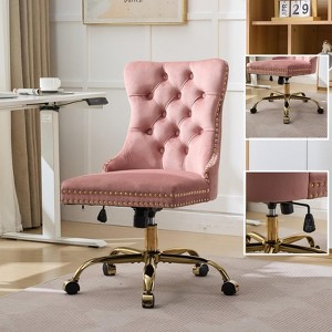 RISOKEYS Velvet Upholstered High Back Desk Chair,360° Swivel Adjustable Height Office Chair,with Golden Metal Base for Home Office,Study - 1 of 4