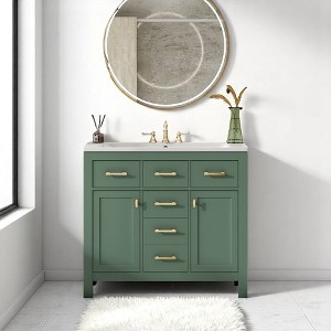 Mshliw 36 Inch Freestanding Bathroom Vanity with Ceramic Sink, Solid Wood Frame Cabinet with 4 Drawers and 2 Soft-Close Doors - 1 of 4