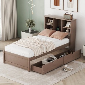 CAVINAS Twin Size Platform Bed with Built-in USB Port,Bed Frame with Bookcase Headboard and 2 Drawers,Box Spring Not Required,Walnut/Gray/White - 1 of 4