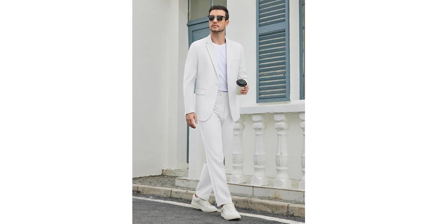 Мужской комплект COOFANDY Big and Suit 2 Piece Casual Stylish Suits Set Notch Collar Blazer and Pants for Wedding Prom White, цвет: Белый — фото 2
