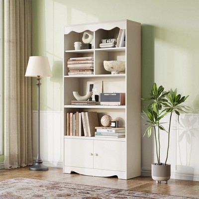 5-Tier Bookshelf, 63" Tall Freestanding Bookcase with Doors, Wooden Storage Shelves White 62.99''*31.5''*11.77''