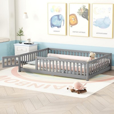 Streamdale Full Size Bed Floor Bed with Safety Guardrails and Door for Kids, Gray