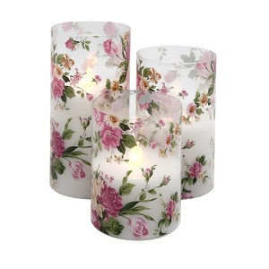 LumaBase Battery-Operated Glass Hurricanes with Floral Design - Set of 3 - 1 of 4