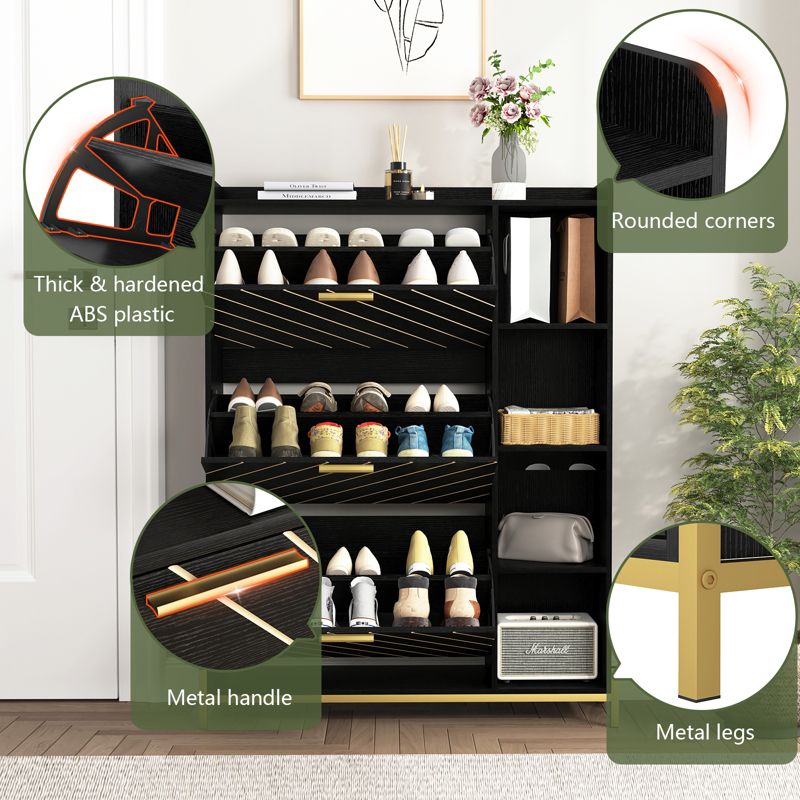 Modern Shoe Cabinet with 3 Flip Drawers & Open Shelves, Wood Freestanding Shoe Organizer 4M - ModernLuxe, 5 of 9