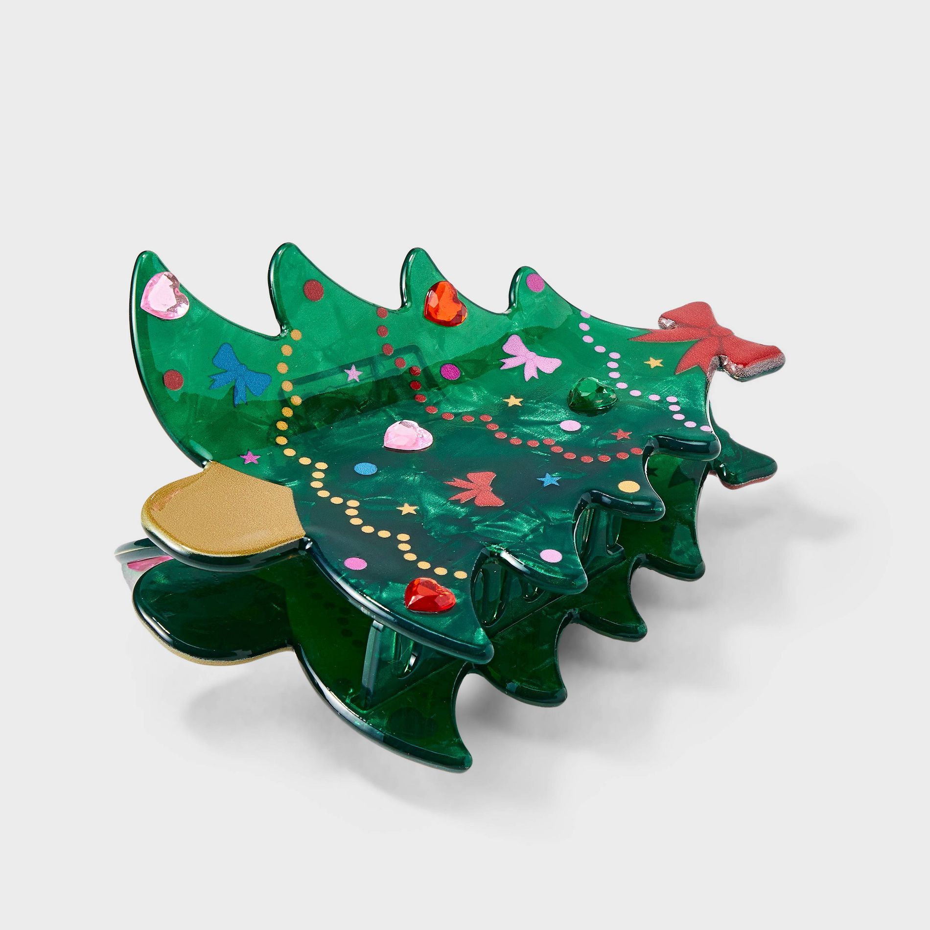 Christmas Tree with Heart Gem Claw Hair Clip - Green