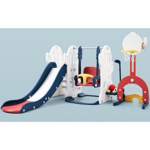 5 in 1 Toddler Slide and Swing Set, Kids Slide Climber for Toddlers, Playset with Adjustable Swing and Basketball Hoop,Soccer Golf, Ring Toss Game - 1 of 4