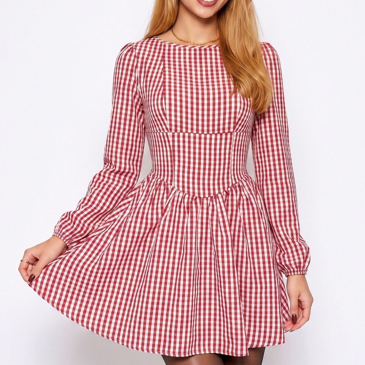 Anna-Kaci Womens Red Gingham Long Sleeve Open Back Bow Fit and Flare Mini Dress