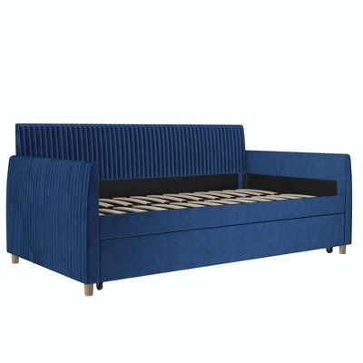 Twin Blue Velvet Upholstered Daybed with Trundle and Tufted Headboard
