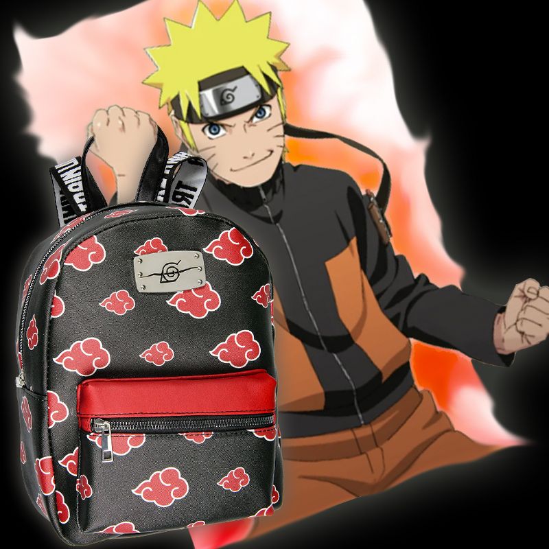 Naruto Akatsuki Sasuke Red Cloud Faux Saffiano Leather Mini Backpack Bag Black, 5 of 6