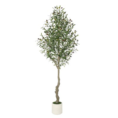 Jojoka Tall Artificial Olive Tree with Planter, Faux Olive Plants with Natural Wood Trunk and Lifelike Fruits for Indoor Decor