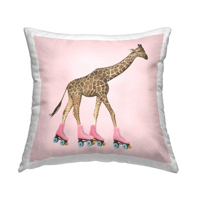 Stupell Industries Funny Giraffe Wearing Roller Skates Over Pink Printed Pillow, 18 x 18
