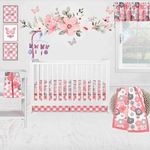 Bacati - Watercolor Floral Coral Gray 10 pc Baby Crib Bedding Set with 2 Crib Fitted Sheets for Girls 100% percale fabrics - 1 of 4