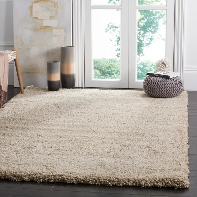 Beige Round Hand-Knotted Shag Synthetic Area Rug