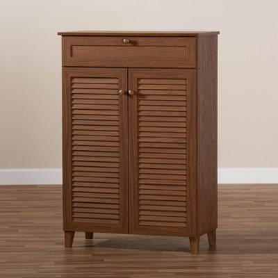 Walnut Finished 5-Shelf Wood Shoe Storage Cabinet with Drawer