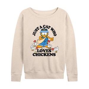 Women's - Garfield - Just A Cat Who Loves Chickens Lightweight French Terry Wide Neck Long Sleeve Shirt - 1 of 4