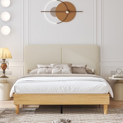 VECELO Platform Bed Frame Upholstered Beds with Height-Adjustable Cotton and Linen Headboard, Bed Frame