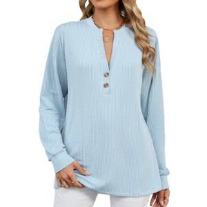 Women's V-Neck Button Long Sleeve Casual T-Shirt Fall Knitted Lightweight Tunic Tops - 1 of 4