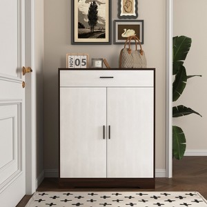 4-Tier Shoe Cabinet 1 Drawer 2 White Doors Adjustable Shelves Freestanding Entryway Hallway - 1 of 4