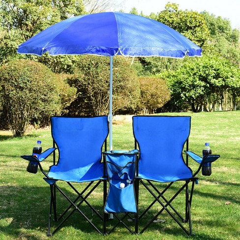 Costway Portable Folding Picnic Double Chair W/umbrella Table Cooler Beach  Camping Chair : Target