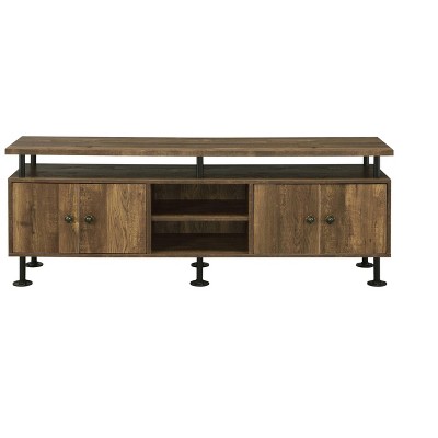 Vynxaria Rustic Industrial TV Stand, Metal Frame with 4 Open Compartments & 4 Door Storage in Oak & Black Finish for TVs up to 60"