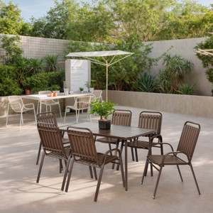 Outdoor Dining Set, Dining Table with Steel Tabletop and Umbrella Hole, 7 Pcs Dining Set with Plastic Chairs and Steel Table-Coolbibila - 1 of 4