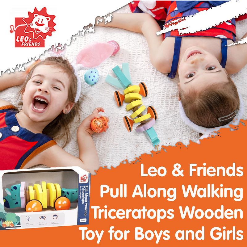 Leo & Friends Pull Along Walking Triceratops Wooden Toy for Boys and Girls, 2 of 8