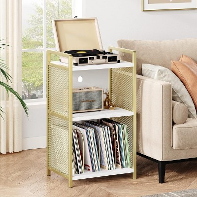 Golden Record Player Stand, Metal Turntable Stand with 3-Tier Storage, Vinyl Bedside End Table for Living Room Bedroom Office