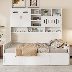 Twin/Full Size Wooden Daybed with All-in-One Storage Cabinet, Open Shelves and Under-bed Storage Space, White/Gray-ModernLuxe - 1 of 4