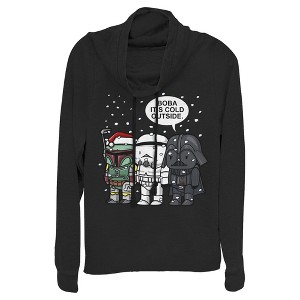 Juniors Womens Star Wars Christmas Boba It's Cold Outside Cowl Neck Sweatshirt - 1 of 4