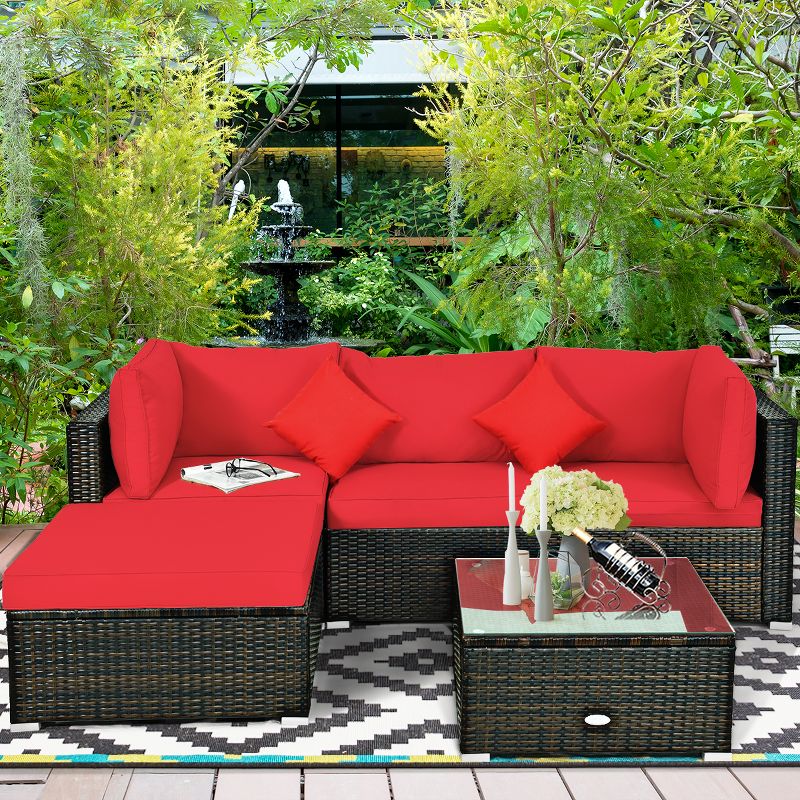Tangkula Outdoor Rattan Sectional Loveseat Couch Conversation Sofa Set with Storage Box &Coffee Table Red/Navy/Turquoise, 3 of 7