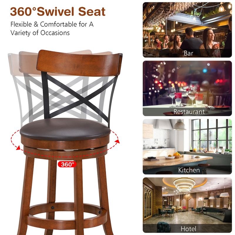 Costway Set of 4 Bar Stools Swivel 25'' Dining Bar Chairs with Rubber Wood Legs, 4 of 11