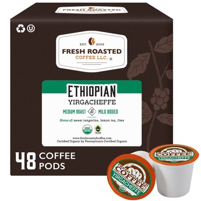 Fresh Roasted Coffee - Organic Ethiopian Yirgacheffe Medium Roast Single Serve Pods - 48CT