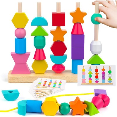 Wooden Beads Sequencing Toy Set with Stacking Blocks and Lacing, STEM Activity for Ages 2-5