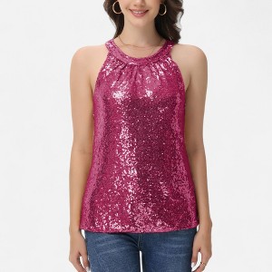 Anna-Kaci Women's Sleeveless Sequin Halter Top with Pleated Neckline and Sparkling Finish - 1 of 4