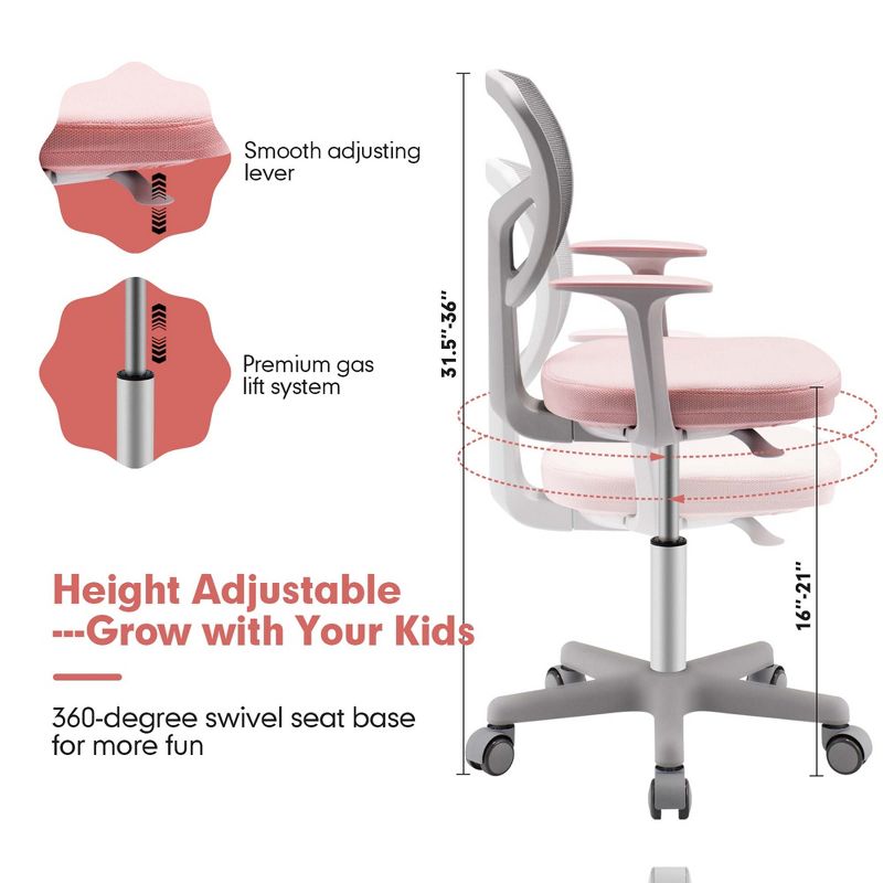 Costway Kids Desk Chair Adjustable Height Children Study Chair w/Auto Brake Casters Blue / Pink, 4 of 10