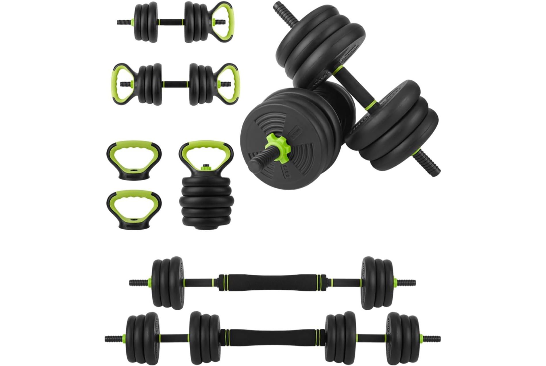 44 LB 4-In-1 Adjustable Dumbbell Set, Convertible to Kettlebell, Barbell & Pull-Up Bar, Free Weight Set with Connector for Men/Women, Green