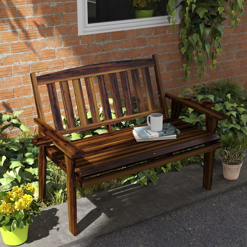 Outsunny Wood Outdoor Bench, 2-Person Garden Bench with Cupholder Armrests, Slatted Seat and Backrest, Park Bench for Patio, Porch, Lawn, Carbonized, 3 of 7