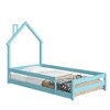 Pine Wood Floor Bed Frame With House Shaped Headboard Full-Length Guardrails Twin Size For Toddler Kids Girls Boys (202 x 113.8 x 145cm ) - 3 of 4