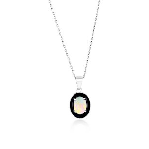 Opalata Sterling Silver White Opal & Black Enamel Oval 18" Pendant Necklace - Black - 1 of 2
