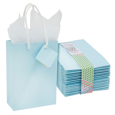 Blue Panda 20 Pack Small Light Blue Gift Bags with Handles, Tissue Paper, Hang Tags, 7.9 x 5.5 x 2.5 In