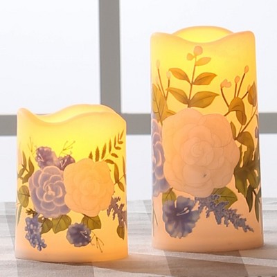 Lakeside Flameless LED Spring Season Scene Candles with Floral Accents - Set of 2