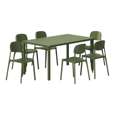 WestinTrends Playa 7-Piece Outdoor Rectangular Metal Patio Dining Table Set With Mid-Century Modern Stackable Patio Side Chairs