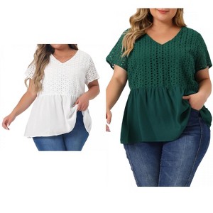 Women's Plus Size 2 Piece Eyelet Contrast Panel Elastic Back Babydoll V Neck Short Sleeve Summer Casual Blouses - Agnes Orinda - 1 of 4