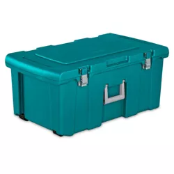 Sterilite 16 Gallon Lockable Storage Tote Footlocker Toolbox Container Box with Wheels, Handles, Metal Handles, and Latches, Teal with Gray Clips