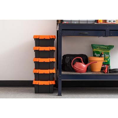 Heavy Duty Black and Orange Stackable Plastic Storage Bins with Lids