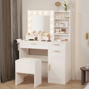 37" Makeup Vanity Set w/Mirror, Lights & Stool - 3 Drawers, Cabinet, Adjustable Brightness, Power Outlets - 1 of 4