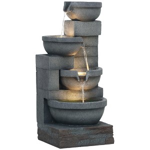Outsunny 30" Outdoor Fountain with Lights, 4-Tier Resin Cascading Water Bowls Garden Fountain with Pump, Gray - 1 of 4