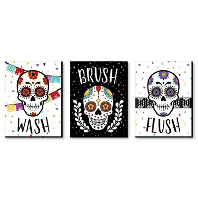 Big Dot of Happiness Day of the Dead - Kids Bathroom Rules Wall Art - 7.5 x 10 inches - Set of 3 Signs - Wash, Brush, Flush